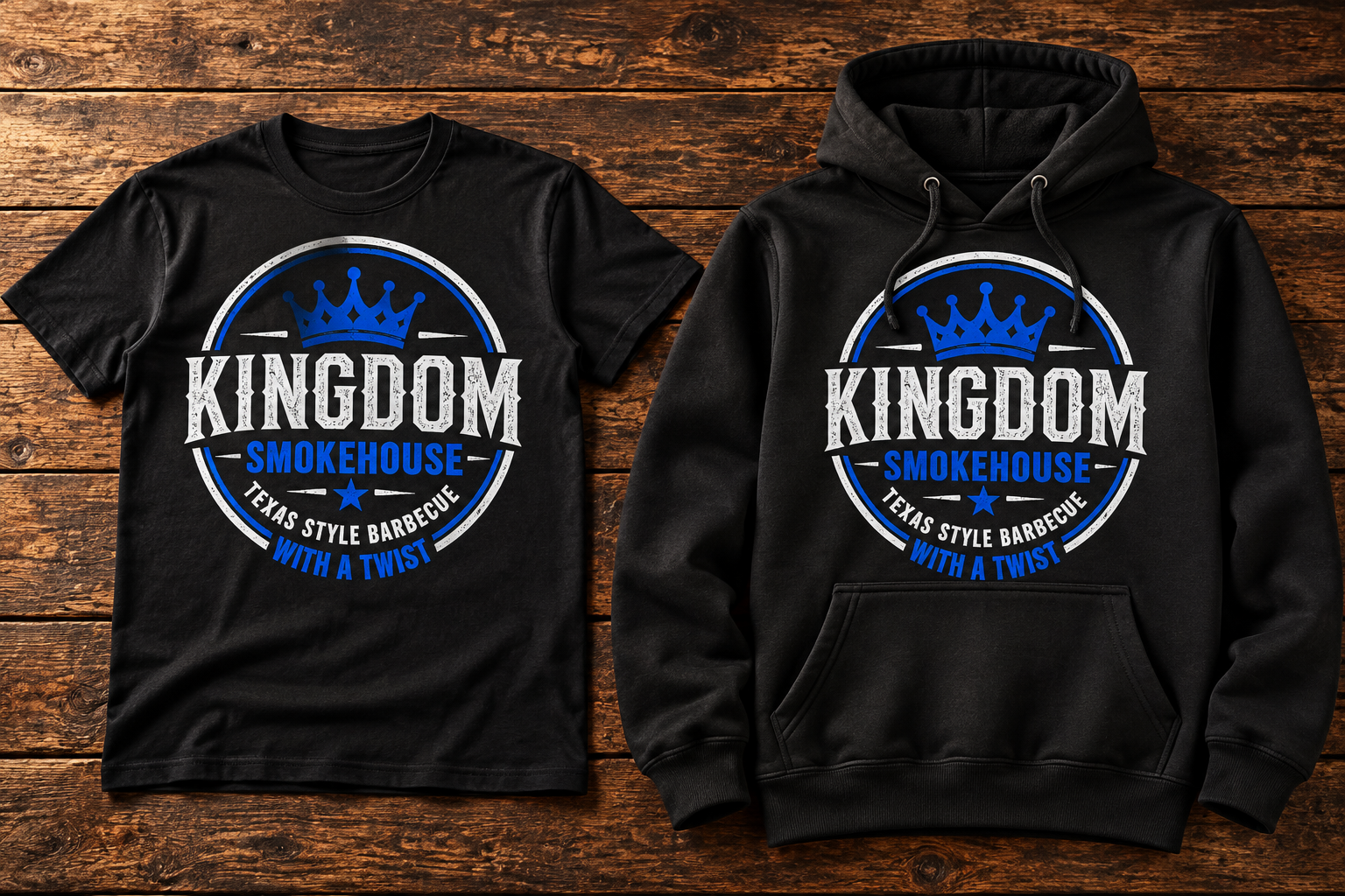 Black Kingdom Smokehouse circle badge shirt and hoodie mockups