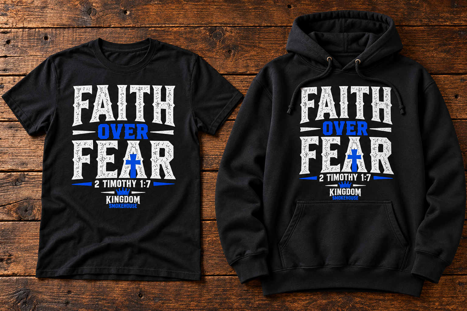 Black Faith Over Fear Kingdom Smokehouse shirt and hoodie mockups